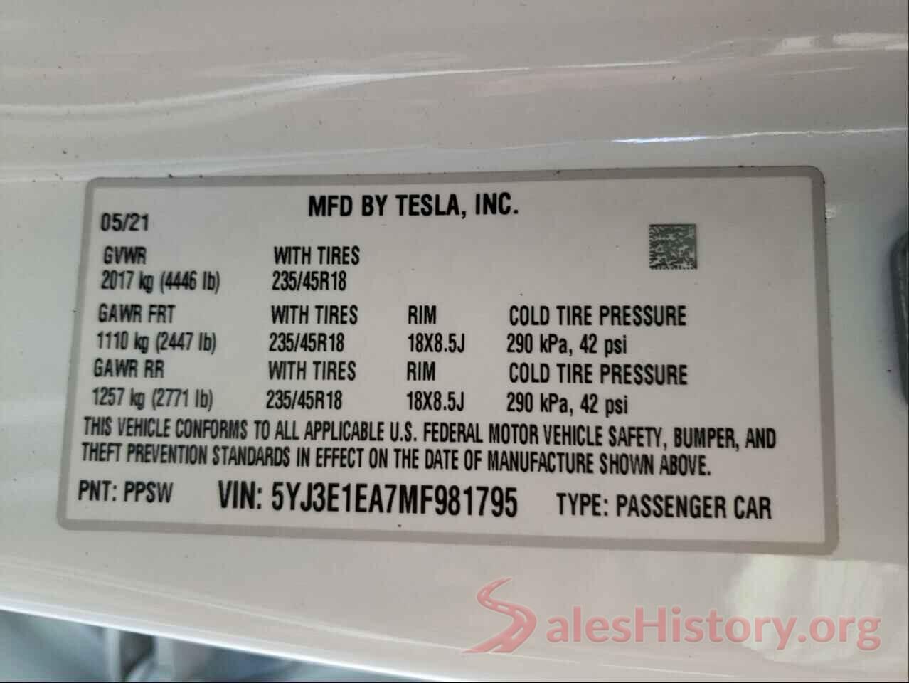 5YJ3E1EA7MF981795 2021 TESLA MODEL 3