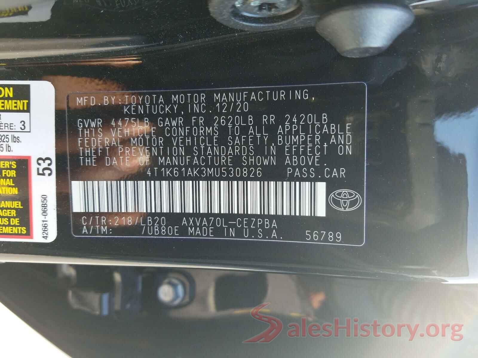 4T1K61AK3MU530826 2021 TOYOTA CAMRY