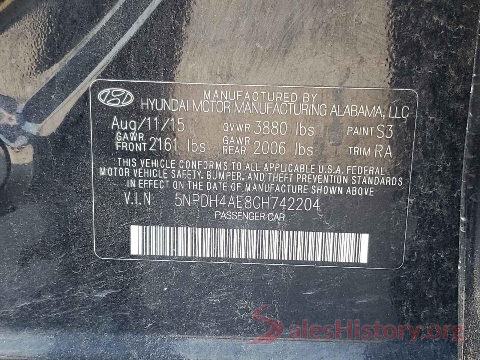 5NPDH4AE8GH742204 2016 HYUNDAI ELANTRA