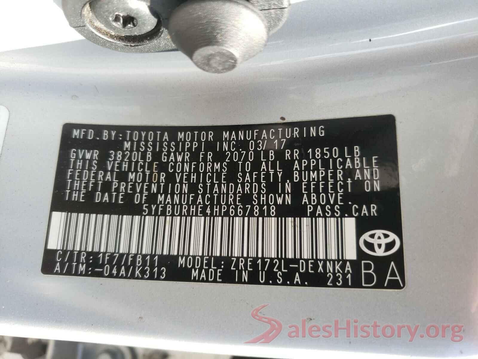 5YFBURHE4HP667818 2017 TOYOTA COROLLA