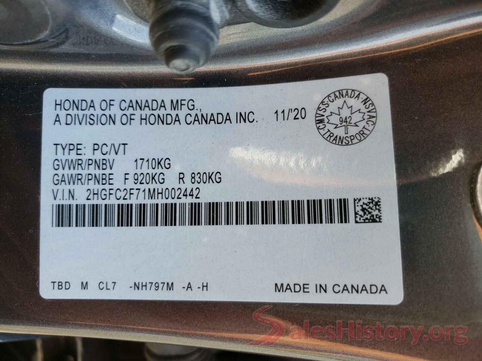 2HGFC2F71MH002442 2021 HONDA CIVIC