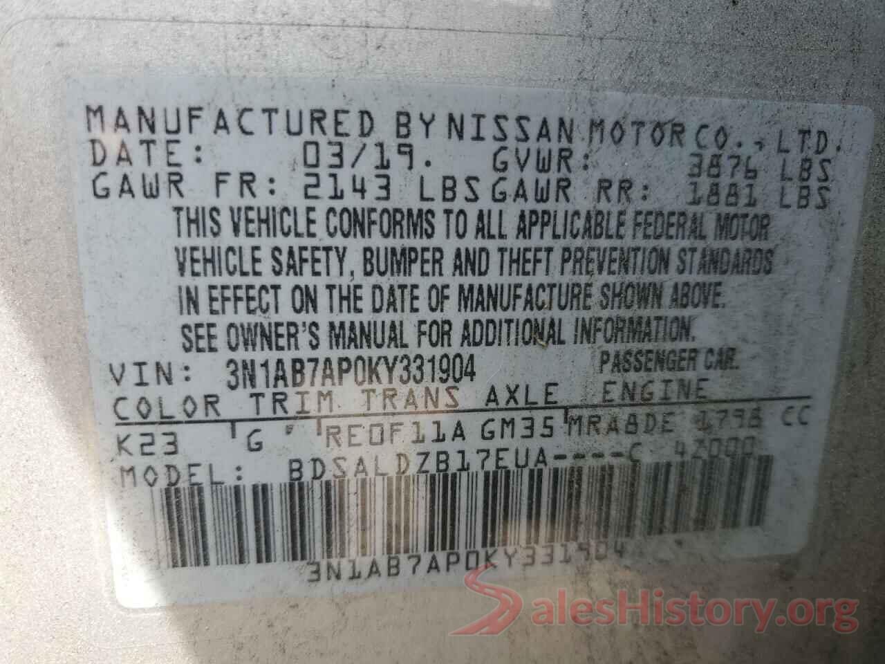 3N1AB7AP0KY331904 2019 NISSAN SENTRA