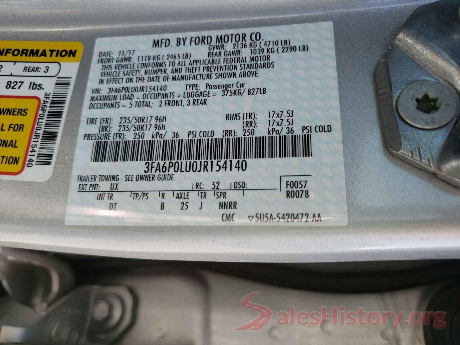 3FA6P0LU0JR154140 2018 FORD FUSION