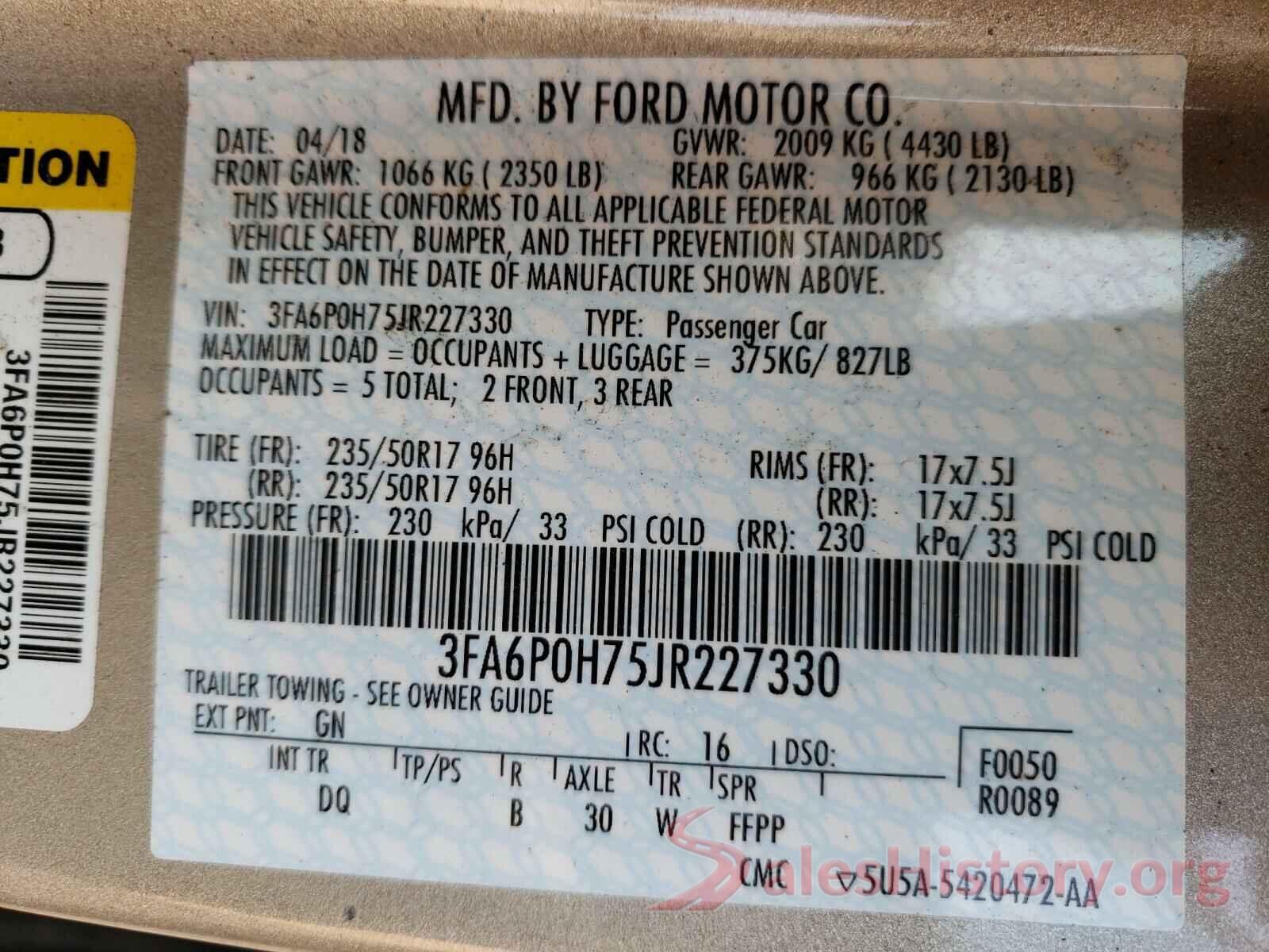 3FA6P0H75JR227330 2018 FORD FUSION