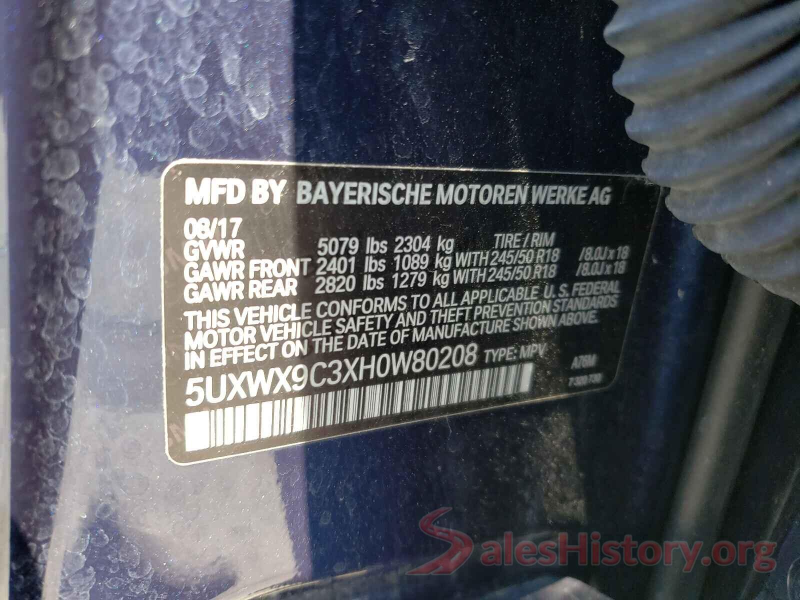 5UXWX9C3XH0W80208 2017 BMW X3