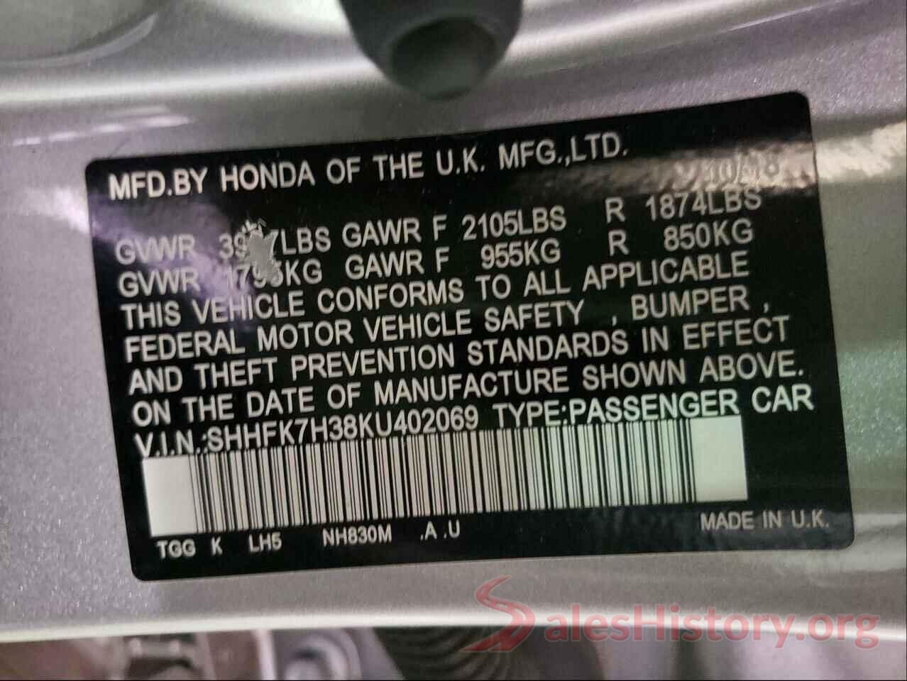 SHHFK7H38KU402069 2019 HONDA CIVIC