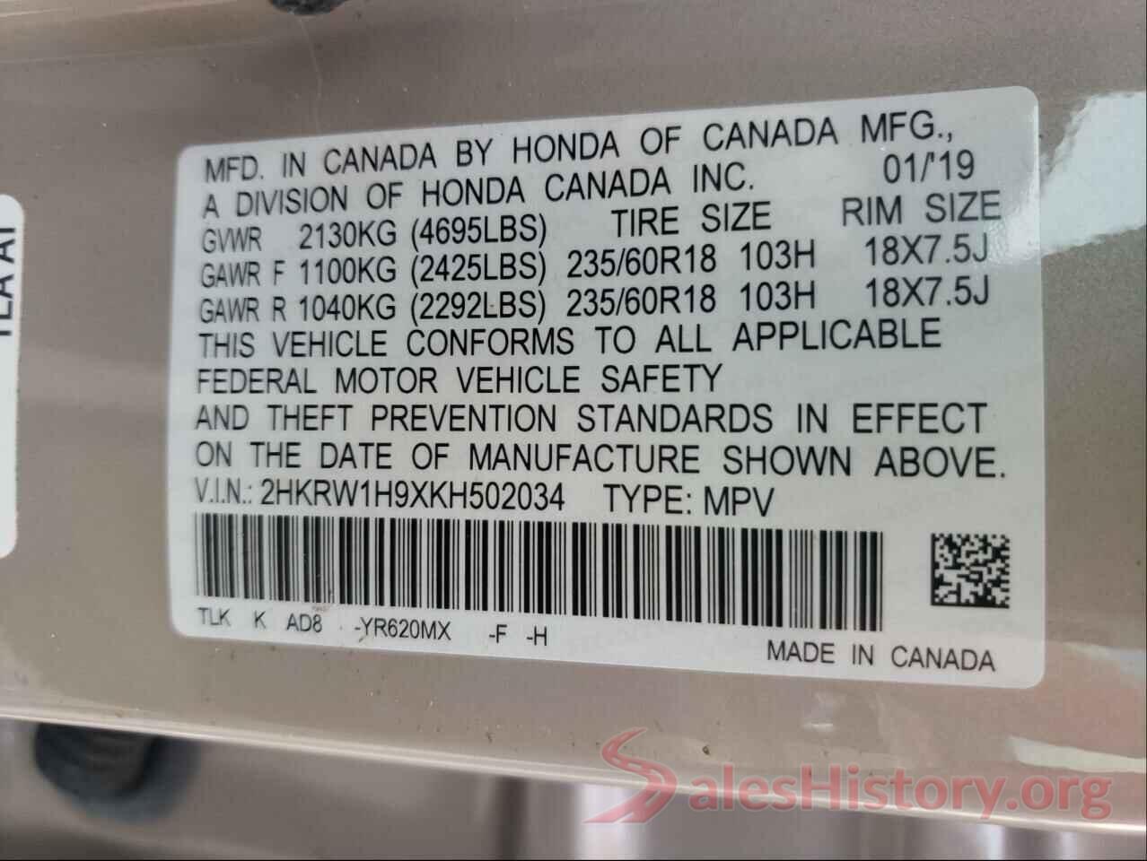 2HKRW1H9XKH502034 2019 HONDA CRV