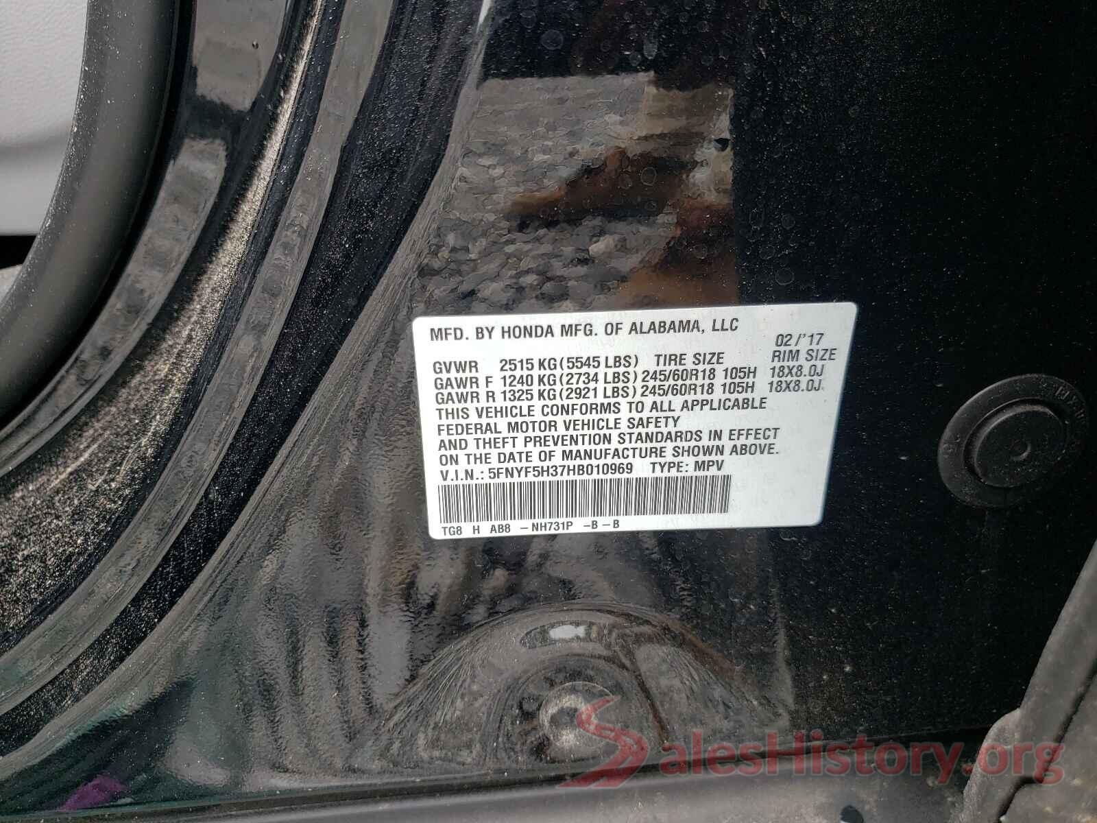 5FNYF5H37HB010969 2017 HONDA PILOT