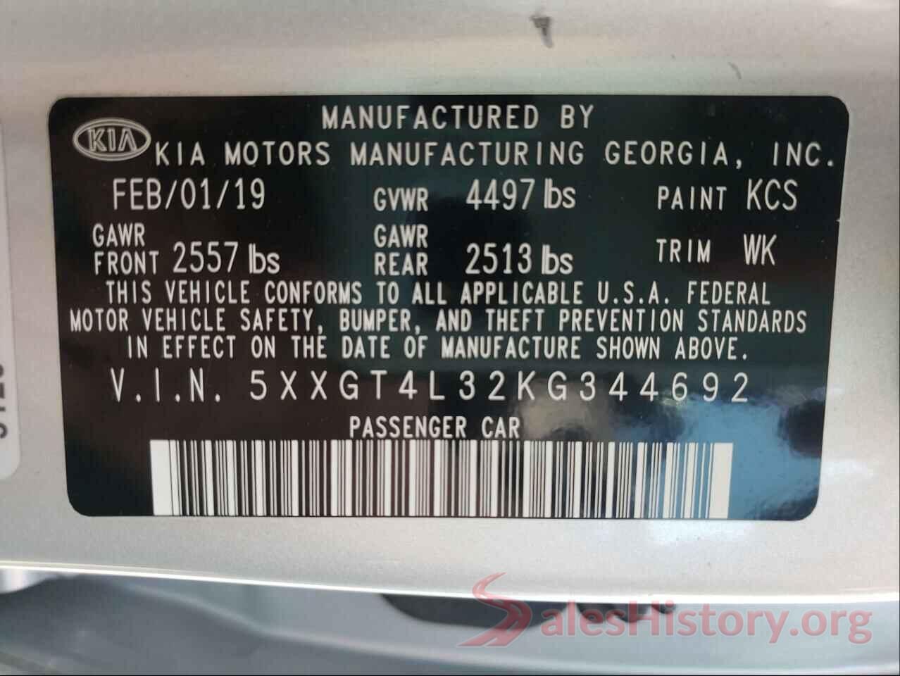 5XXGT4L32KG344692 2019 KIA OPTIMA