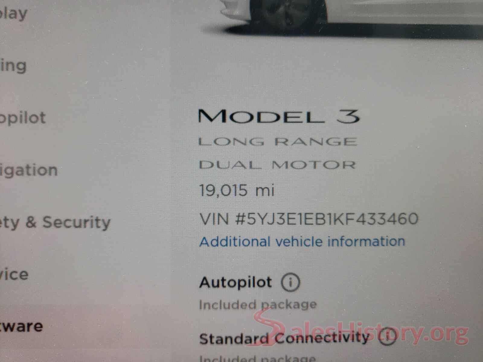 5YJ3E1EB1KF433460 2019 TESLA MODEL 3