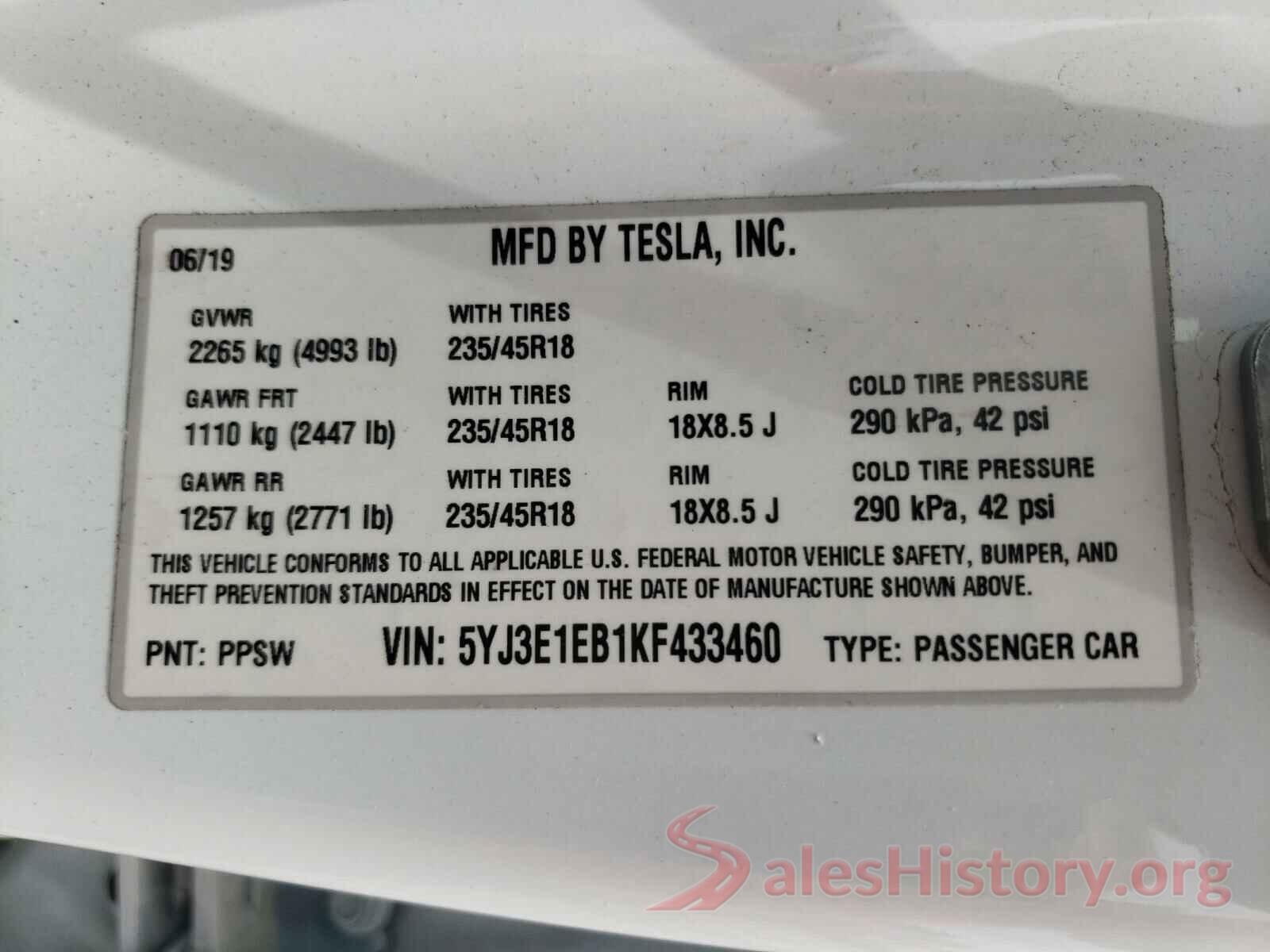 5YJ3E1EB1KF433460 2019 TESLA MODEL 3