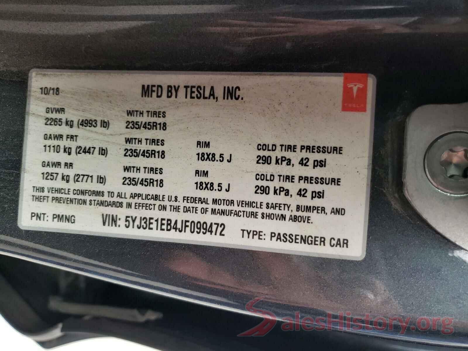 5YJ3E1EB4JF099472 2018 TESLA MODEL 3