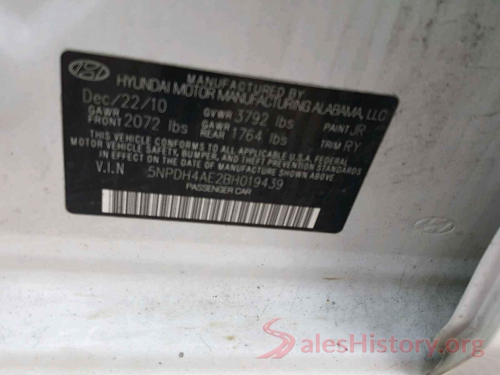 5NPDH4AE2BH019439 2011 HYUNDAI ELANTRA