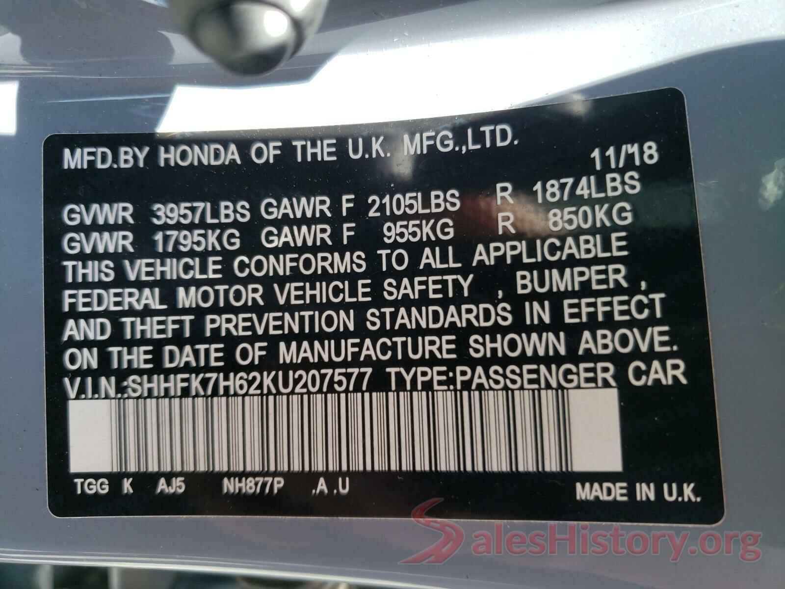 SHHFK7H62KU207577 2019 HONDA CIVIC