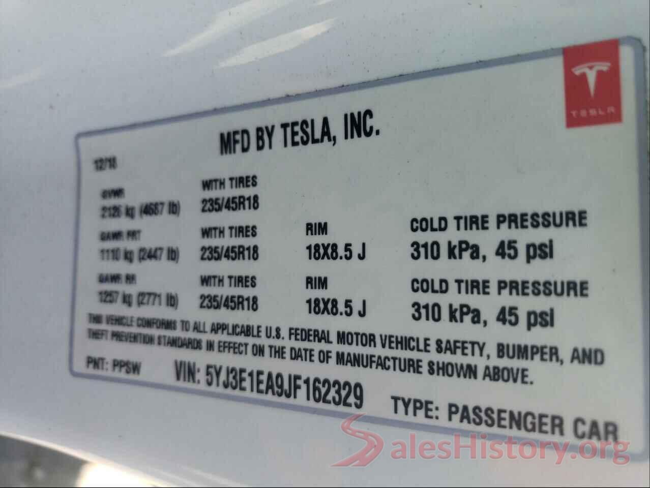 5YJ3E1EA9JF162329 2018 TESLA MODEL 3