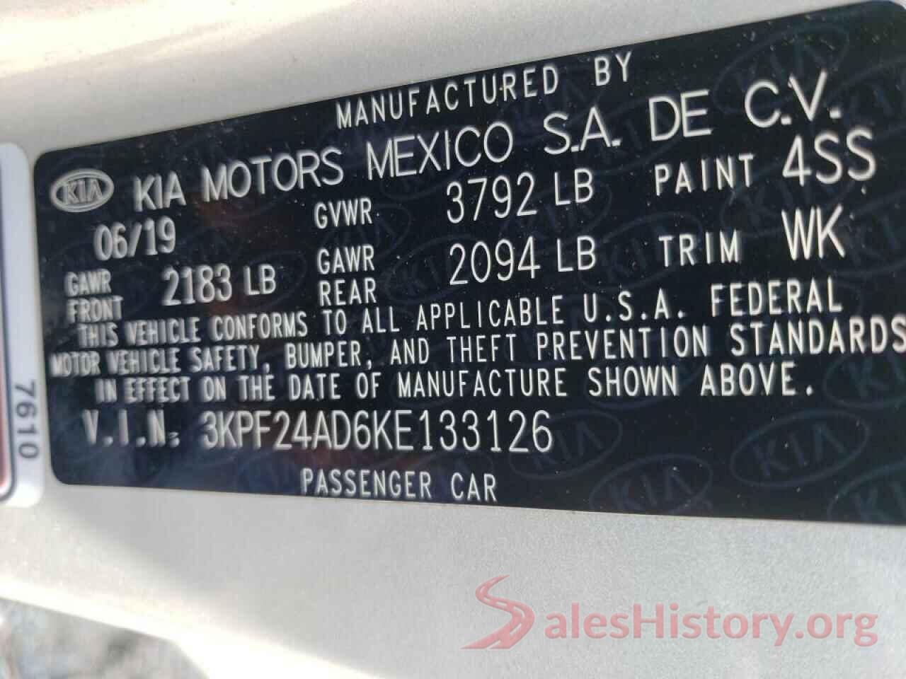 3KPF24AD6KE133126 2019 KIA FORTE