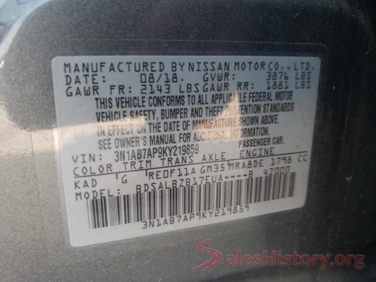 3N1AB7AP9KY219859 2019 NISSAN SENTRA