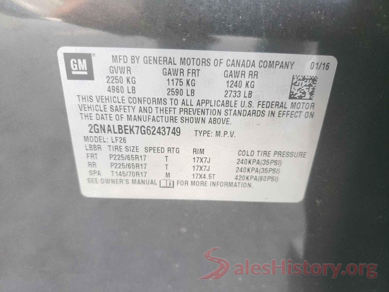 2GNALBEK7G6243749 2016 CHEVROLET EQUINOX