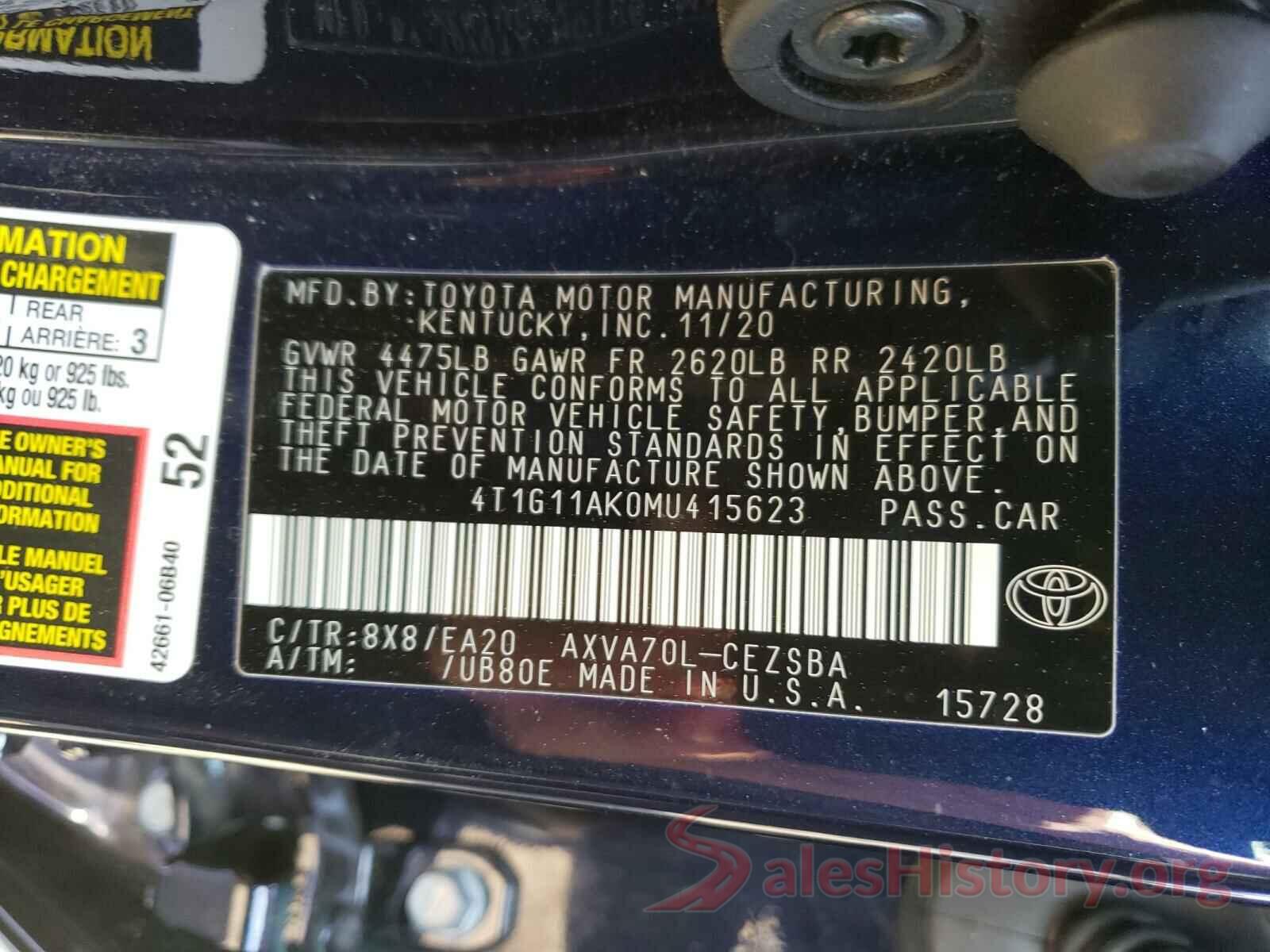 4T1G11AK0MU415623 2021 TOYOTA CAMRY