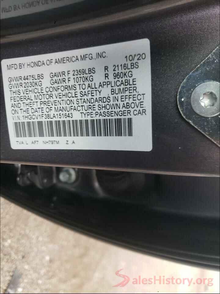 1HGCV1F38LA151643 2020 HONDA ACCORD