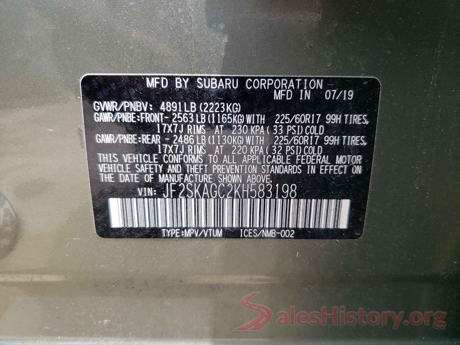 JF2SKAGC2KH583198 2019 SUBARU FORESTER