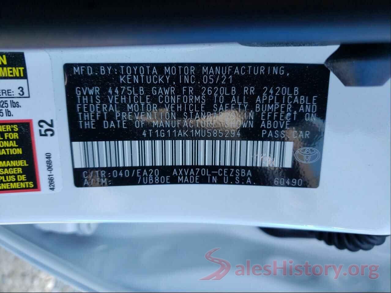 4T1G11AK1MU585294 2021 TOYOTA CAMRY