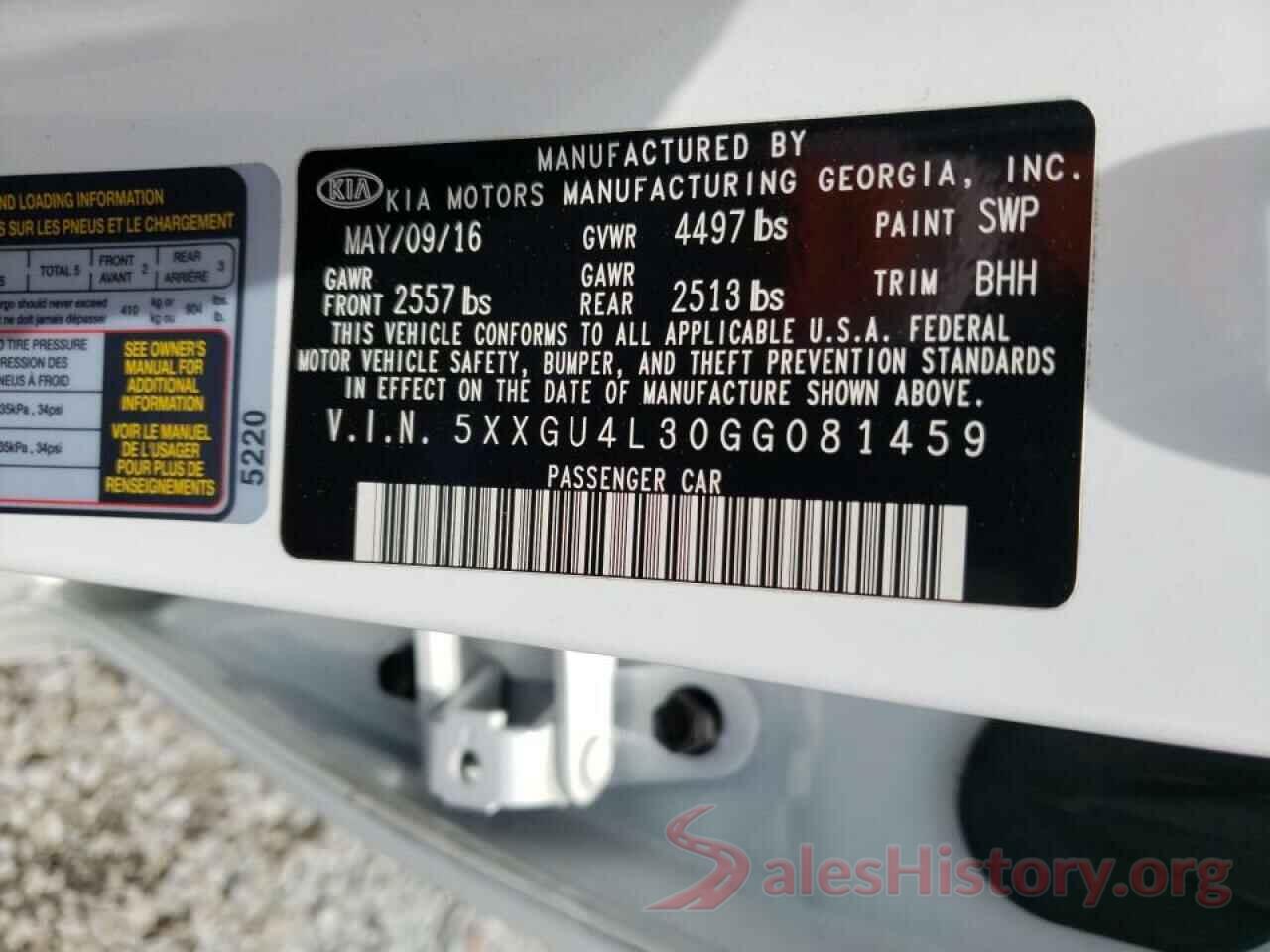 5XXGU4L30GG081459 2016 KIA OPTIMA