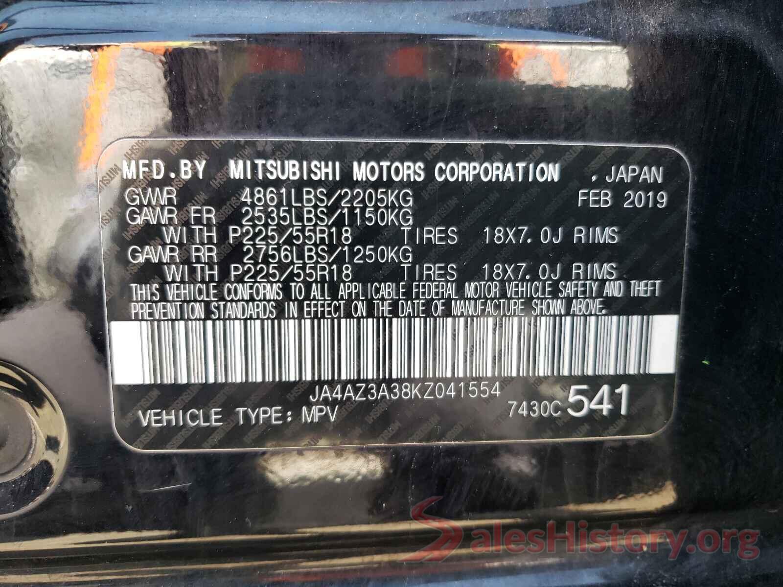 JA4AZ3A38KZ041554 2019 MITSUBISHI OUTLANDER