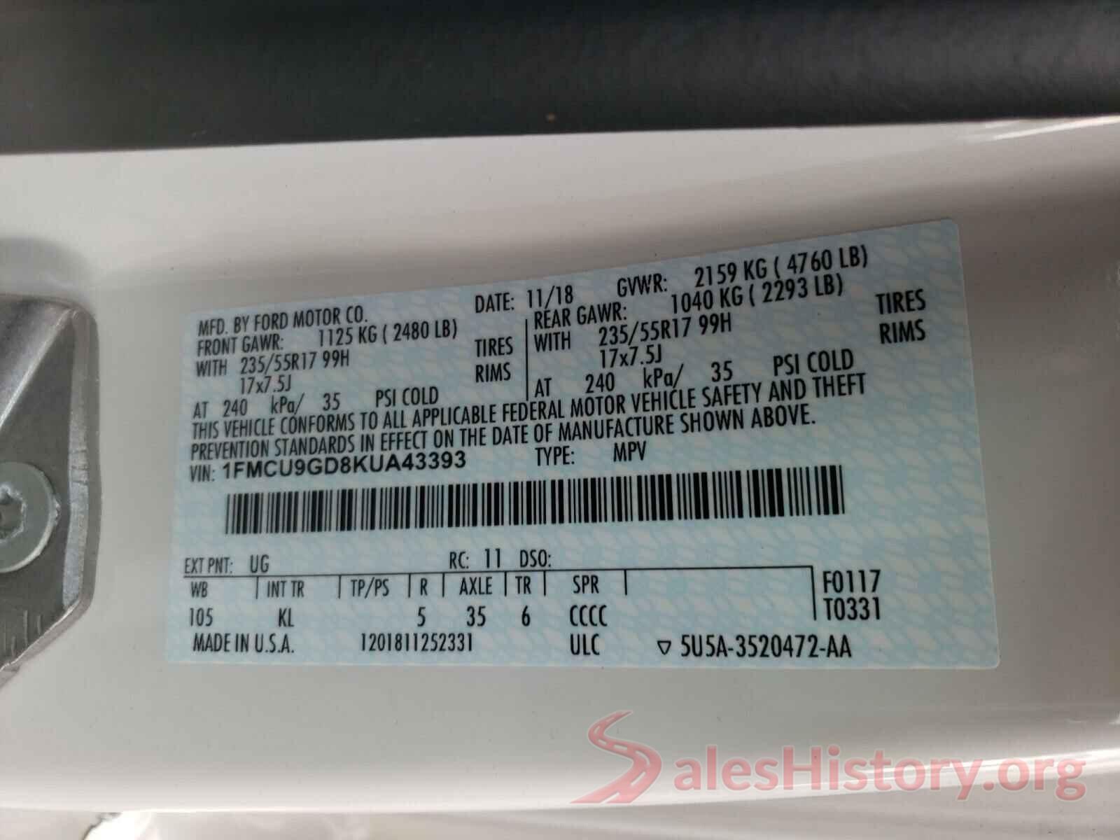 1FMCU9GD8KUA43393 2019 FORD ESCAPE