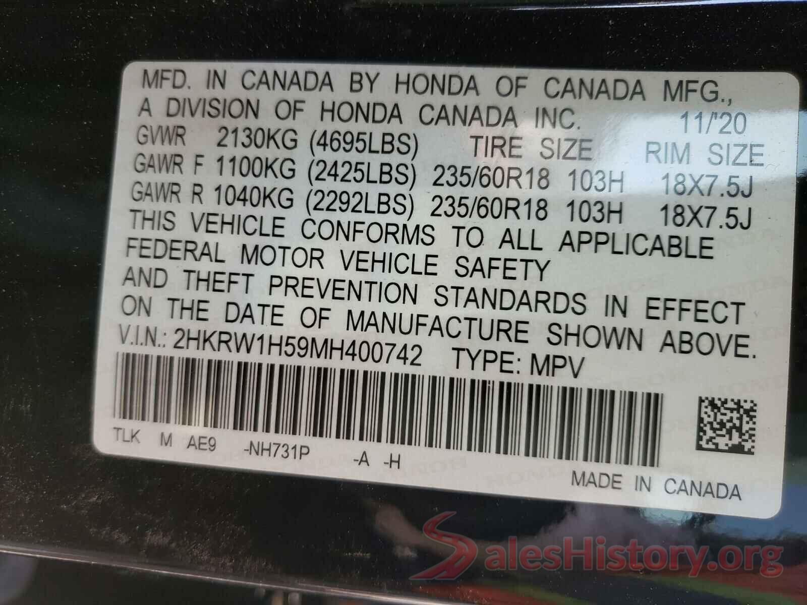 2HKRW1H59MH400742 2021 HONDA CRV