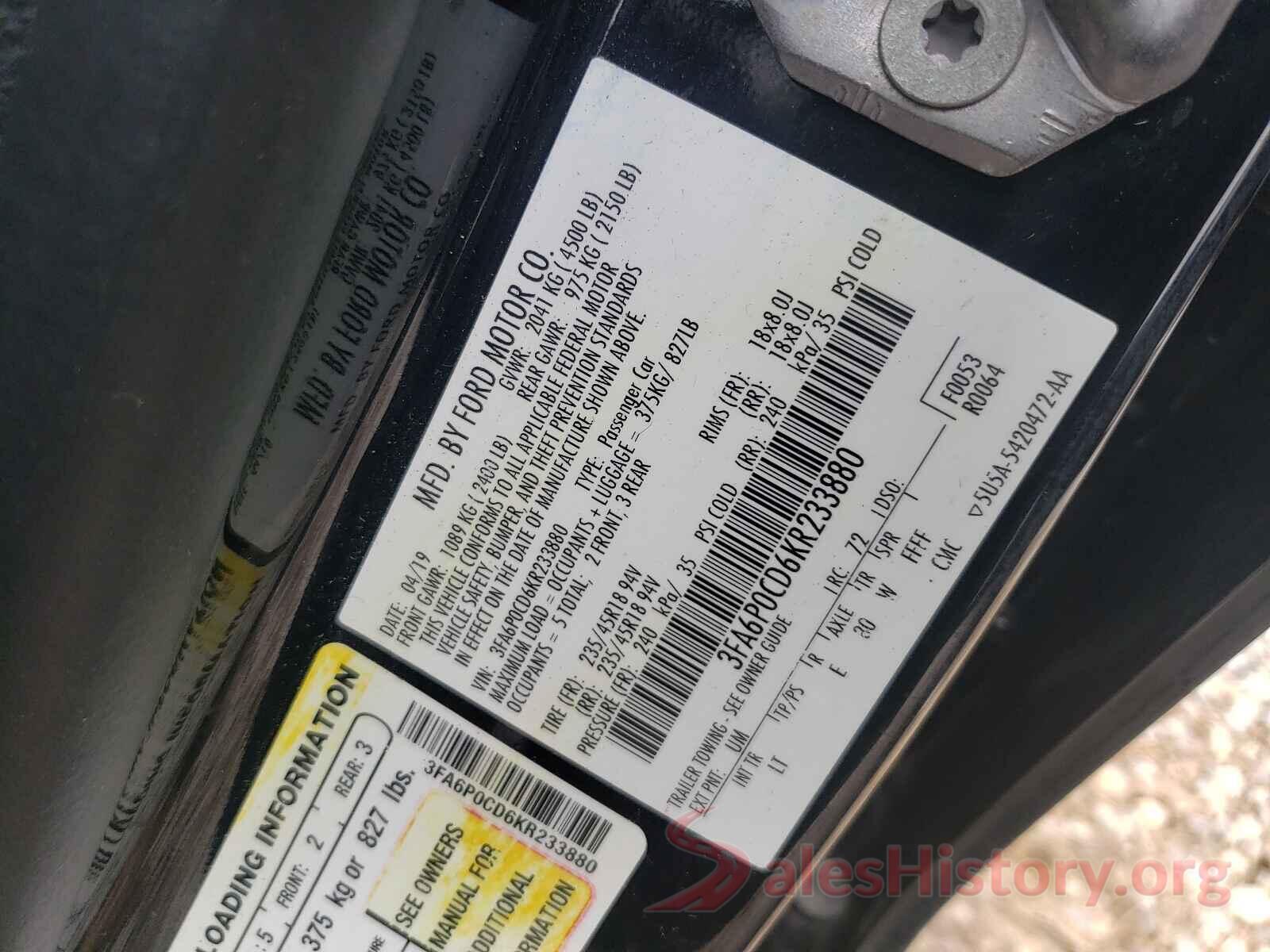 3FA6P0CD6KR233880 2019 FORD FUSION