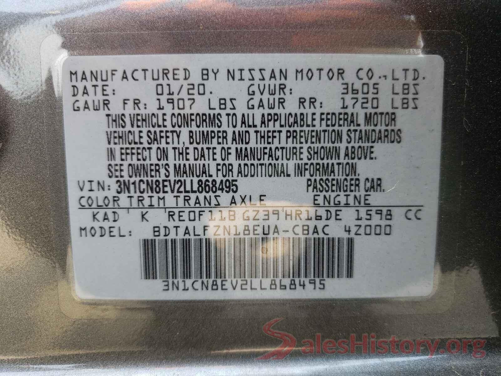 3N1CN8EV2LL868495 2020 NISSAN VERSA