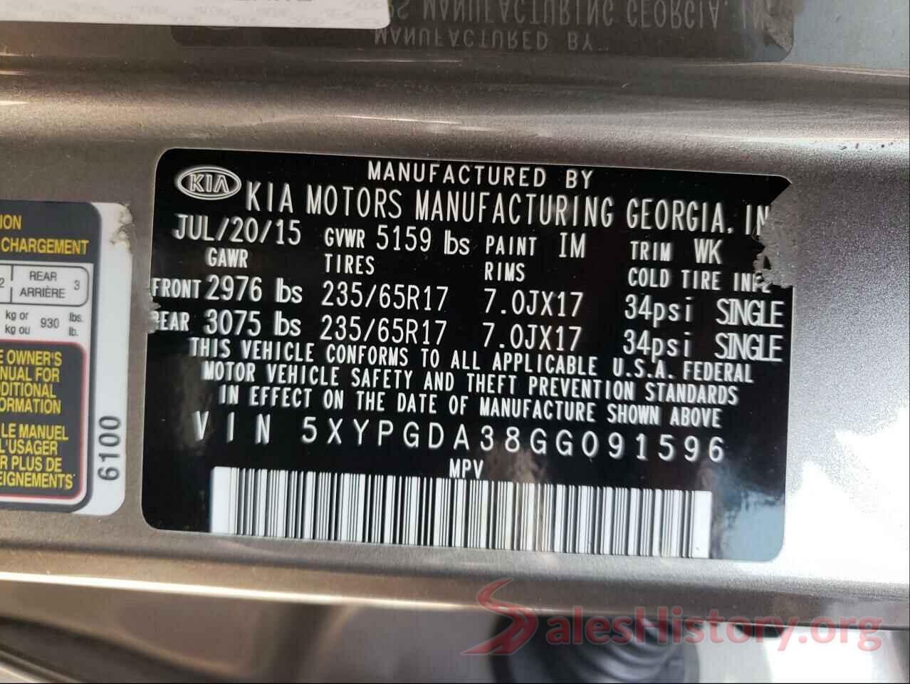 5XYPGDA38GG091596 2016 KIA SORENTO