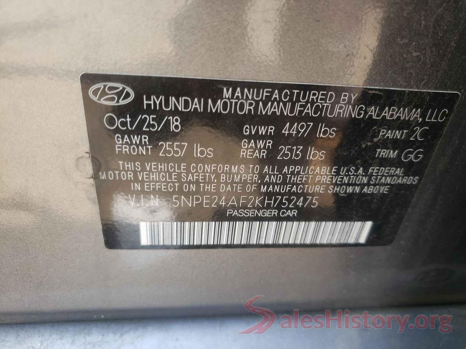 5NPE24AF2KH752475 2019 HYUNDAI SONATA