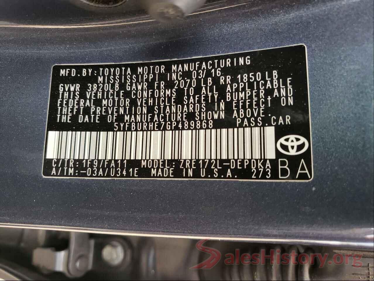 5YFBURHE7GP489868 2016 TOYOTA COROLLA