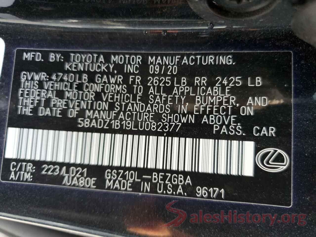 58ADZ1B19LU082377 2020 LEXUS ES350