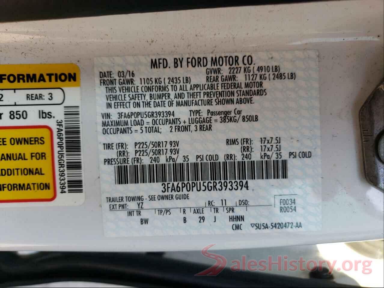 3FA6P0PU5GR393394 2016 FORD FUSION