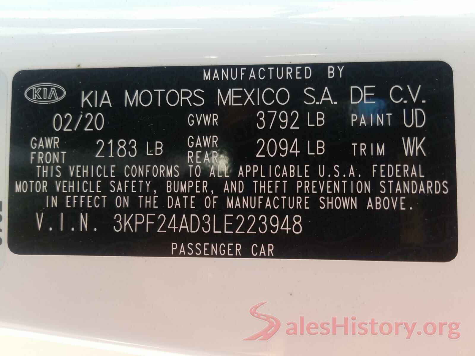 3KPF24AD3LE223948 2020 KIA FORTE