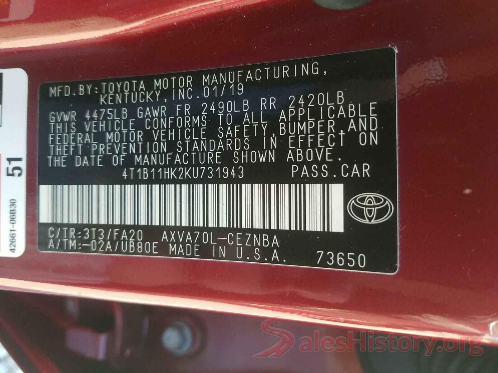 4T1B11HK2KU731943 2019 TOYOTA CAMRY