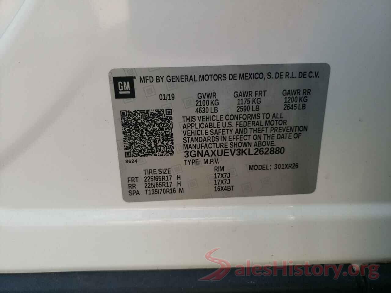 3GNAXUEV3KL262880 2019 CHEVROLET EQUINOX