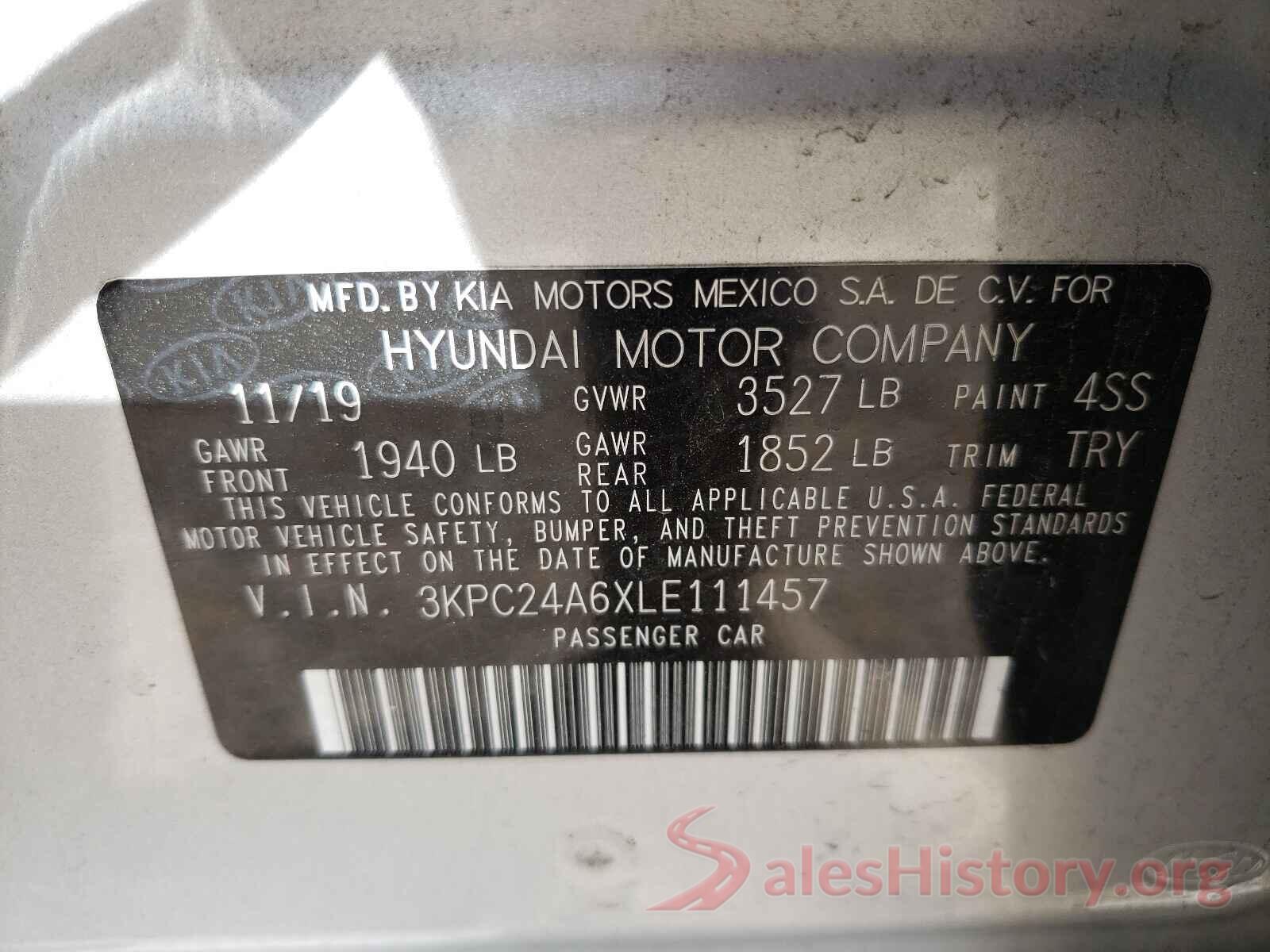 3KPC24A6XLE111457 2020 HYUNDAI ACCENT