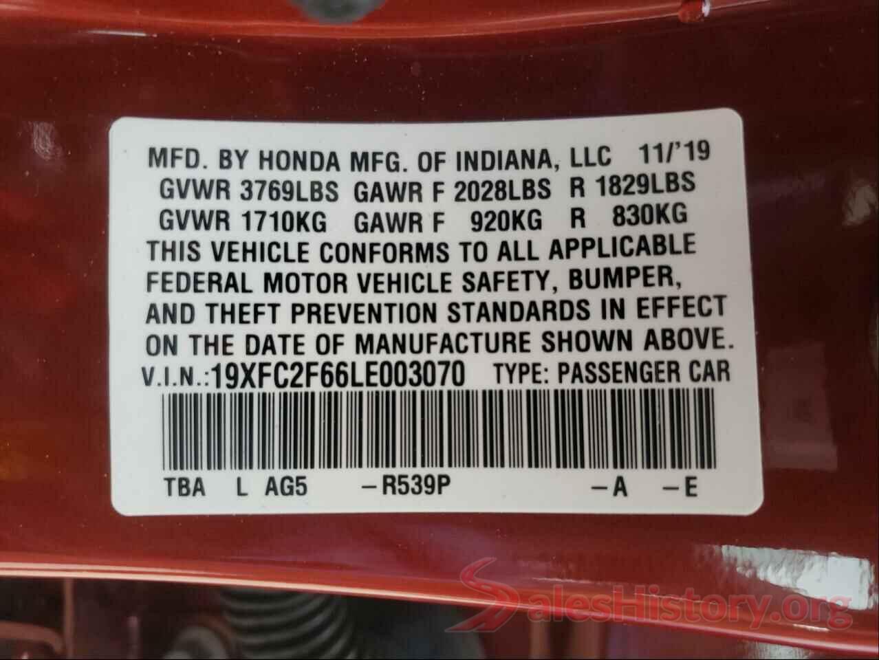 19XFC2F66LE003070 2020 HONDA CIVIC