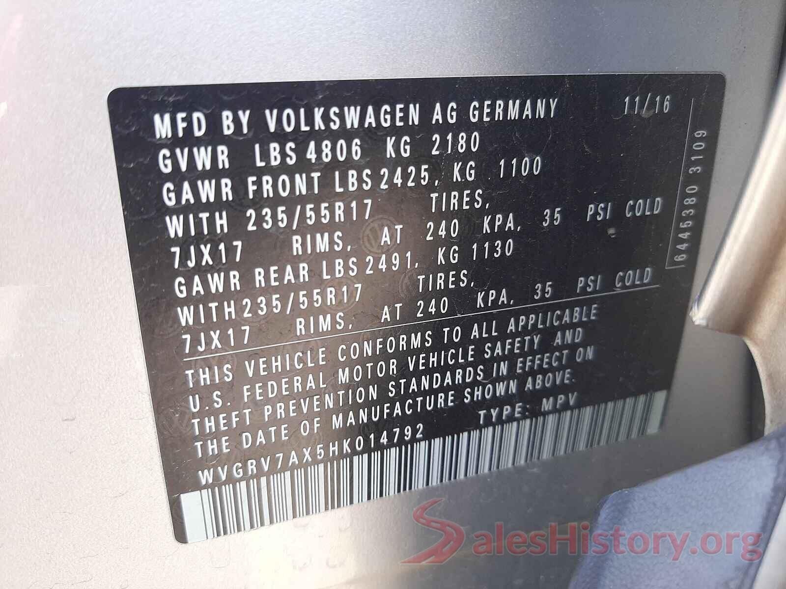 WVGRV7AX5HK014792 2017 VOLKSWAGEN TIGUAN