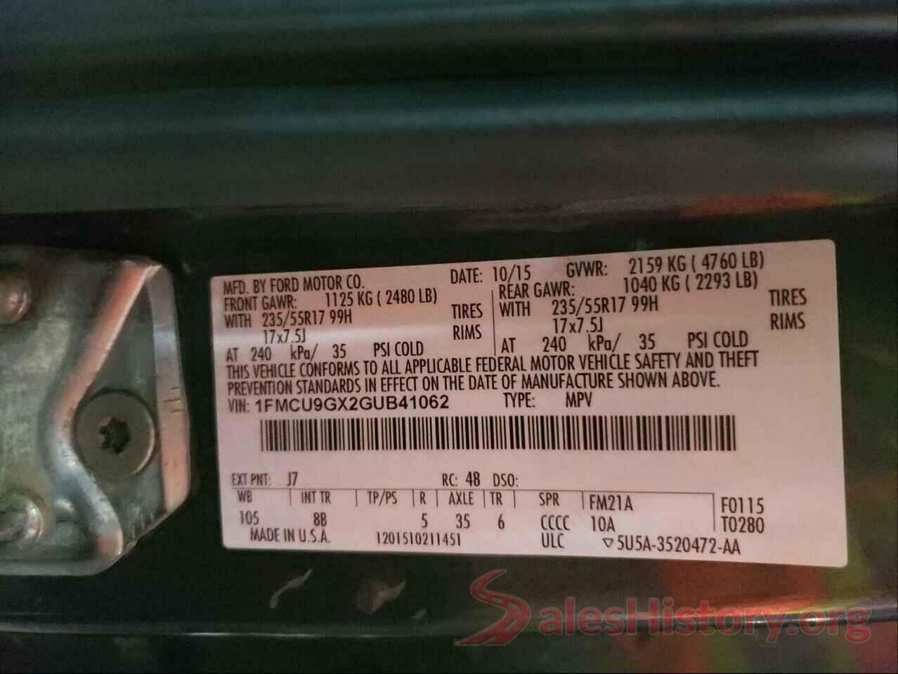 1FMCU9GX2GUB41062 2016 FORD ESCAPE