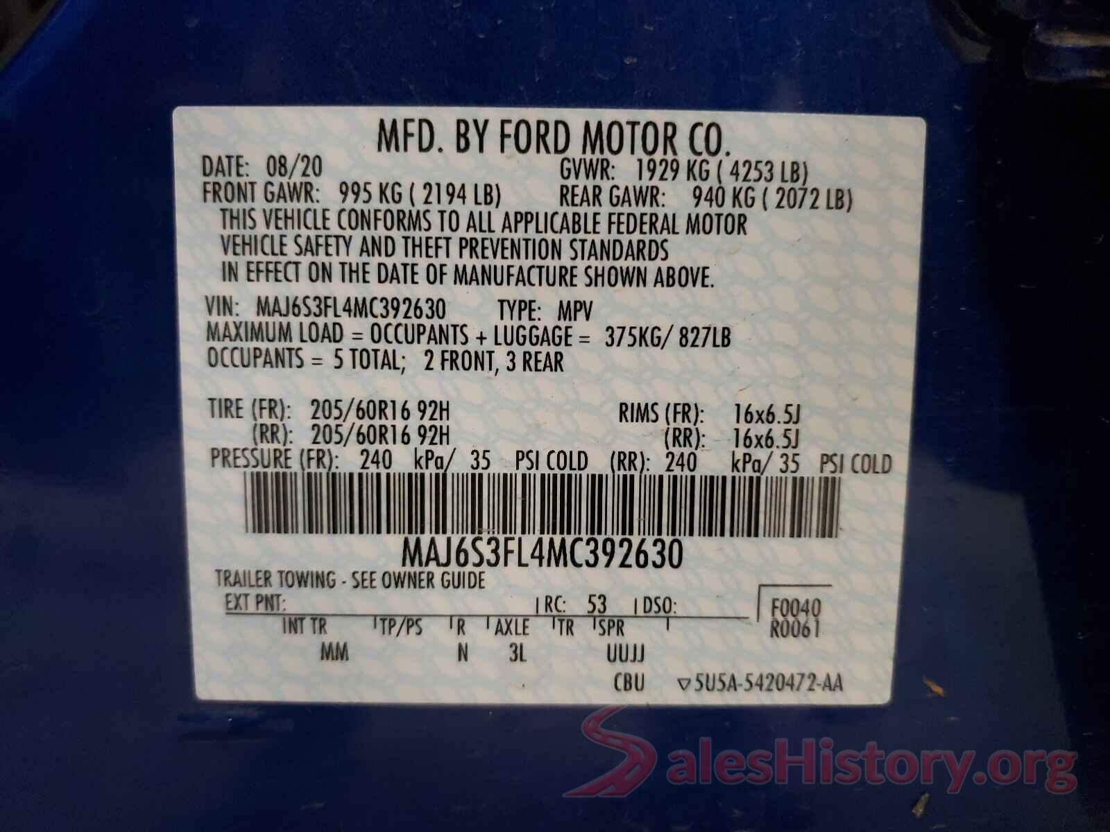 MAJ6S3FL4MC392630 2021 FORD ALL OTHER