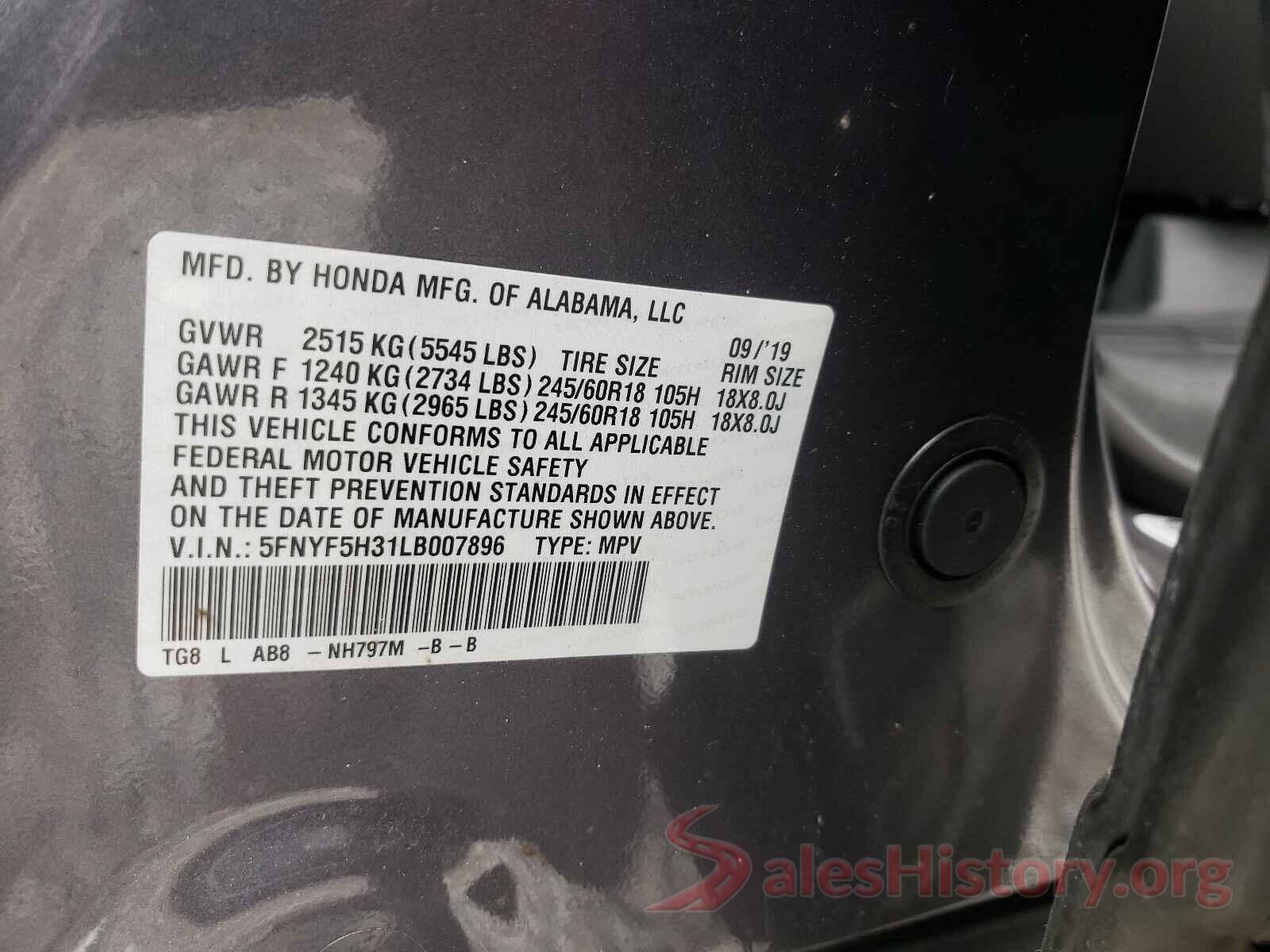 5FNYF5H31LB007896 2020 HONDA PILOT