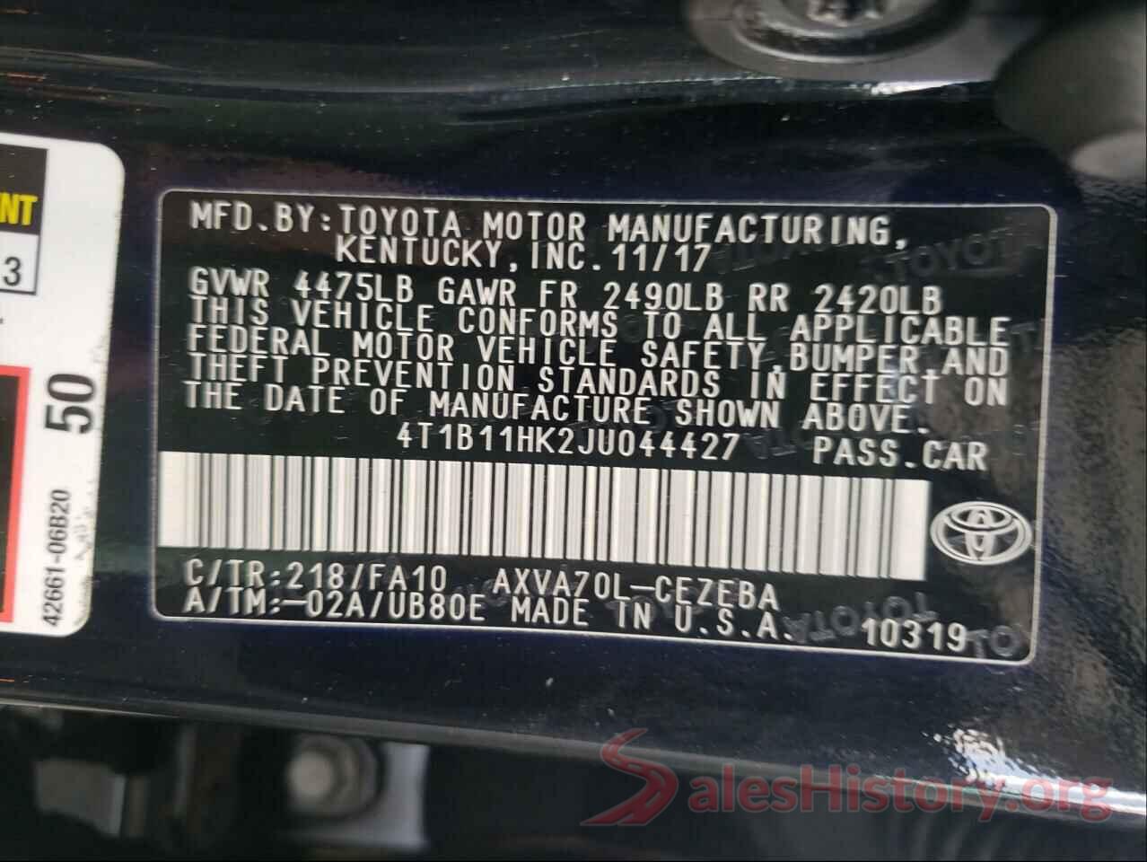 4T1B11HK2JU044427 2018 TOYOTA CAMRY