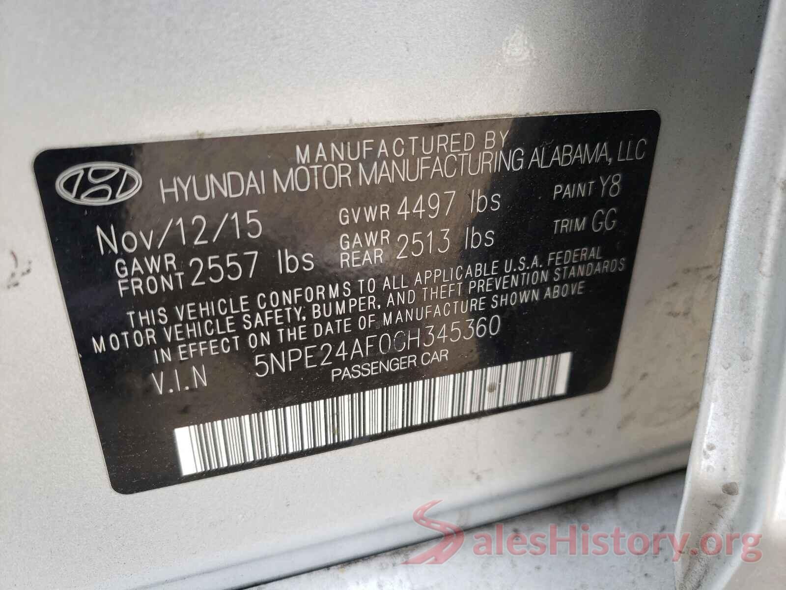 5NPE24AF0GH345360 2016 HYUNDAI SONATA