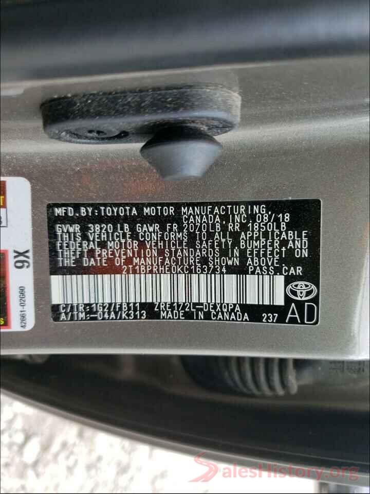 2T1BPRHE0KC163734 2019 TOYOTA COROLLA