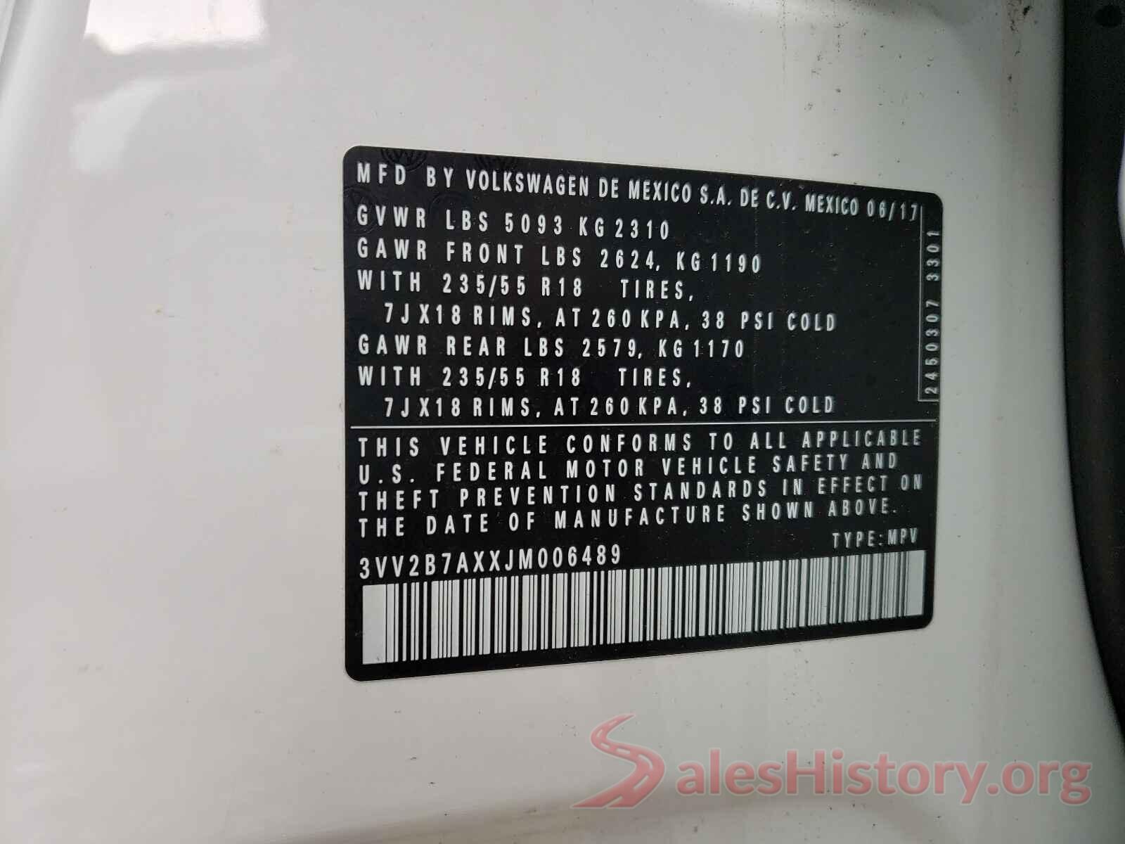 3VV2B7AXXJM006489 2018 VOLKSWAGEN TIGUAN